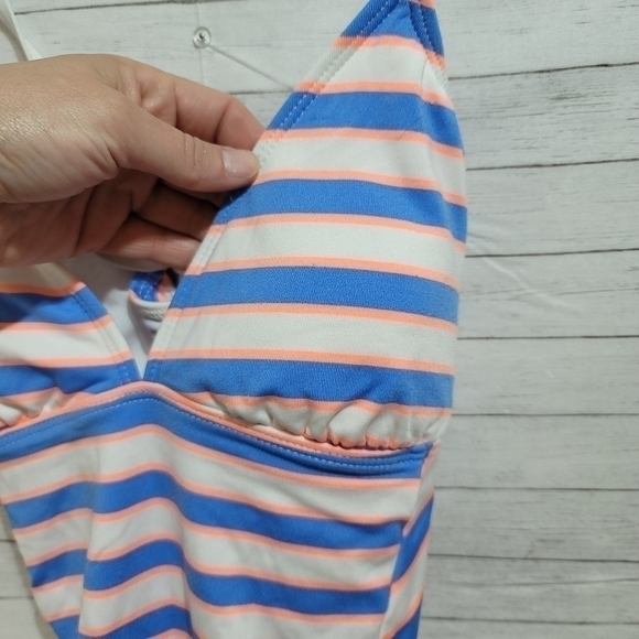 SPLENDID BLUE & NEON ORANGE STRIPED ONE PIECE SWIMSUIT, SZ LARGE, SUPER CUTE! - Picture 2 of 9